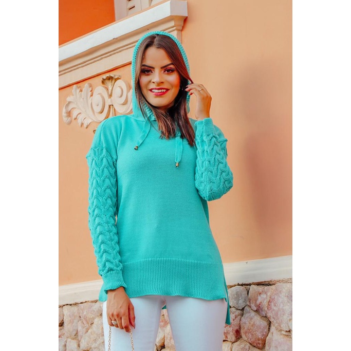 Blusa feminina de tricot com touca blusa com capuz manga longa estilo ...