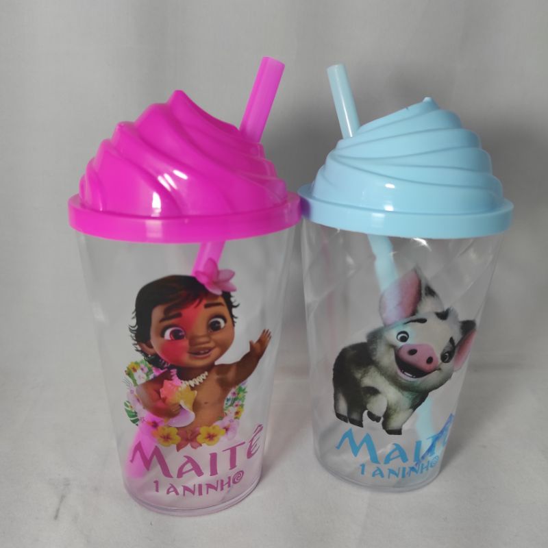 15 Long Drink Rosa Bebê Personalizado - Moana Disney