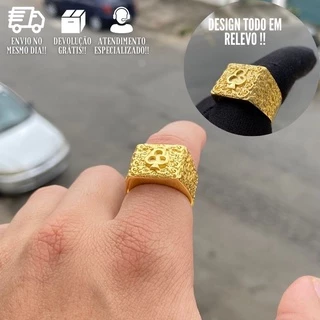 Anel Masculino de Ouro 24K Naipe de Paus Detalhado Banhado a Ouro em Oferta na Shopee