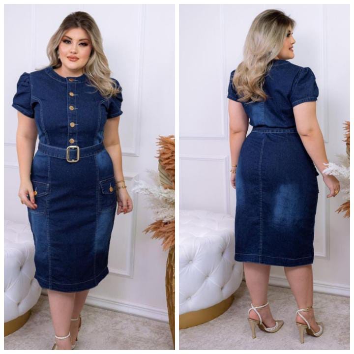 Vestido Longo com Botões e Bolso na Frente Plus Size Jeans