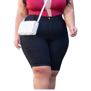 Bermudas Jeans Plus Size Cintura Alta Até o Joelho Elastano