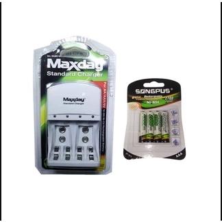 KIT Carregador (Maxday) c/ 4 Pilhas Palito (AAA) 2700mAh (SONGPUS) Recarregáveis