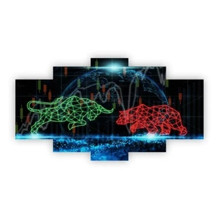 Quadro Decorativo 5 Peças Mosaico Mercado Financeiro Disputas Touro e Urso Verde e Vermelho