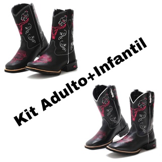 Kit Bota Infantil e Adulto Bordada Boi Cano Alto Texana Country
