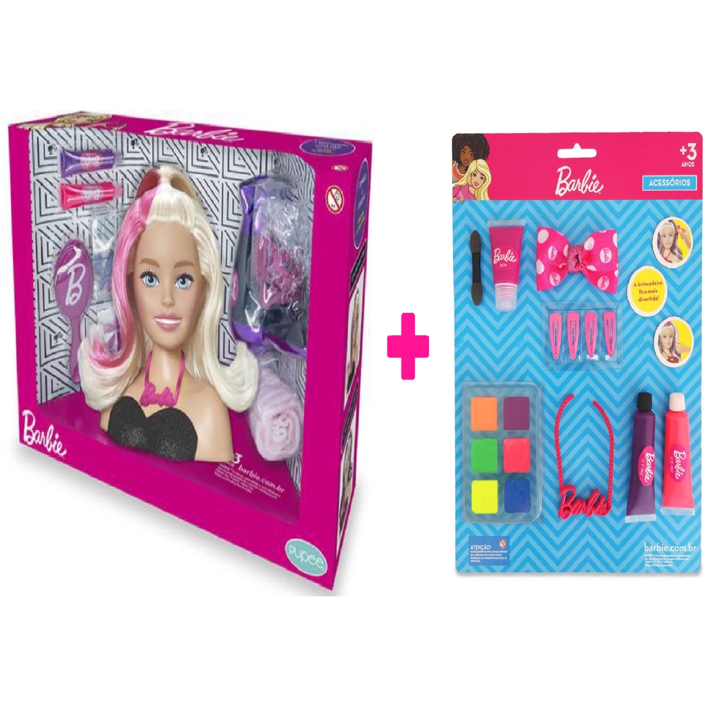 Boneca Barbie Maquiar e Pentear Busto 3 Acessorios - Pupee