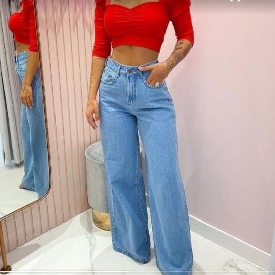 CALÇA JEANS FEMININA PANTALONA WIDE LEG