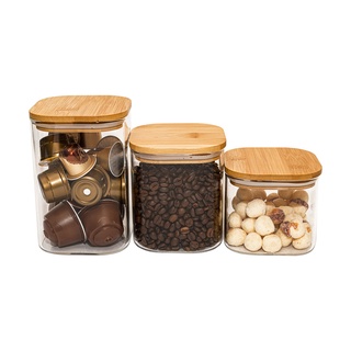 Kit 3 potes de vidro herméticos com tampa de bambu 600ml, 800ml e 1100ml - Oikos
