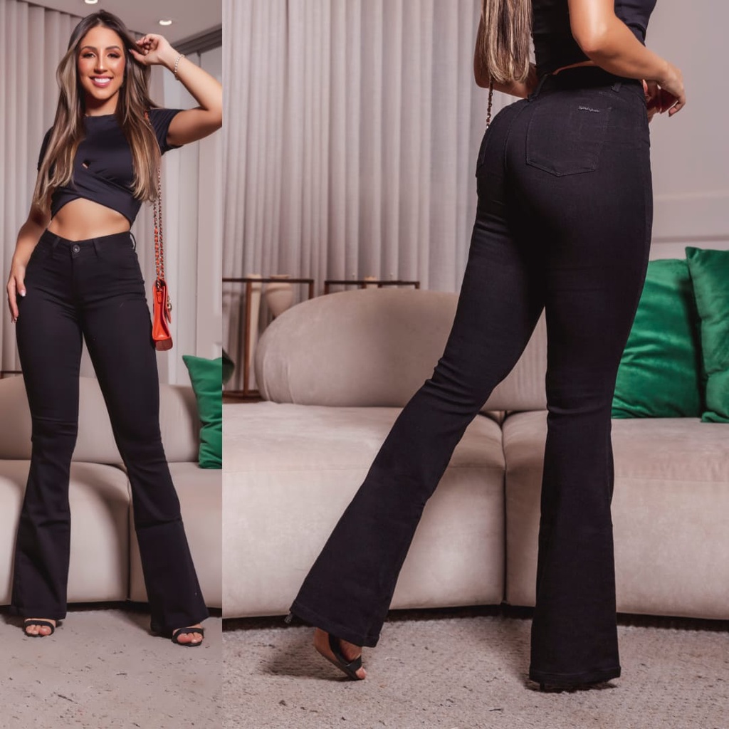 Calça flare preta jeans com lycra levanta bumbum com lycra - R