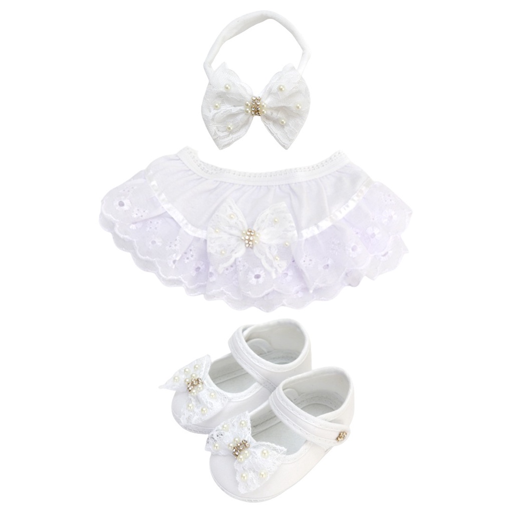 Sapatinho de Bebê Menina Laço Renda + Bando + Calcinha Kit Batizado Festa Saída Maternidade Recém Nascida