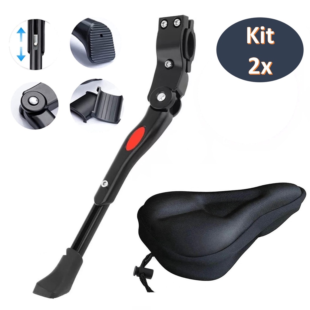 Kit Capa Para Banco em Gel Silicone Para Selim Bike Bicicleta Super Confortável + Pezinho de Apoio Lateral Descanso