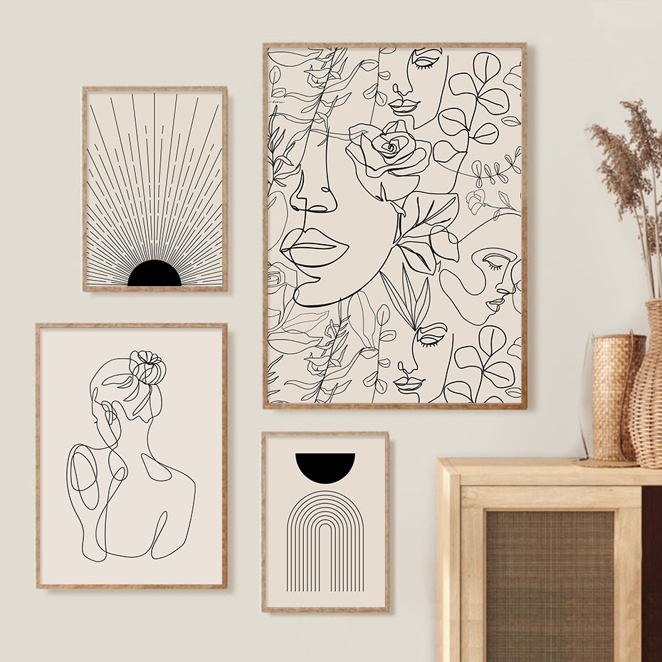 Quadro decorativo 4 peças abstrato linhas finas simples moderno boho nórdico tons nude madeira para sala quarto