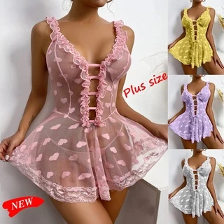 Plus Size Ladies Sling Lace Lingerie Vestido Moda Ruffle Pijamas Coração Completo Sheer Mesh Nightdress Sem Calcinha