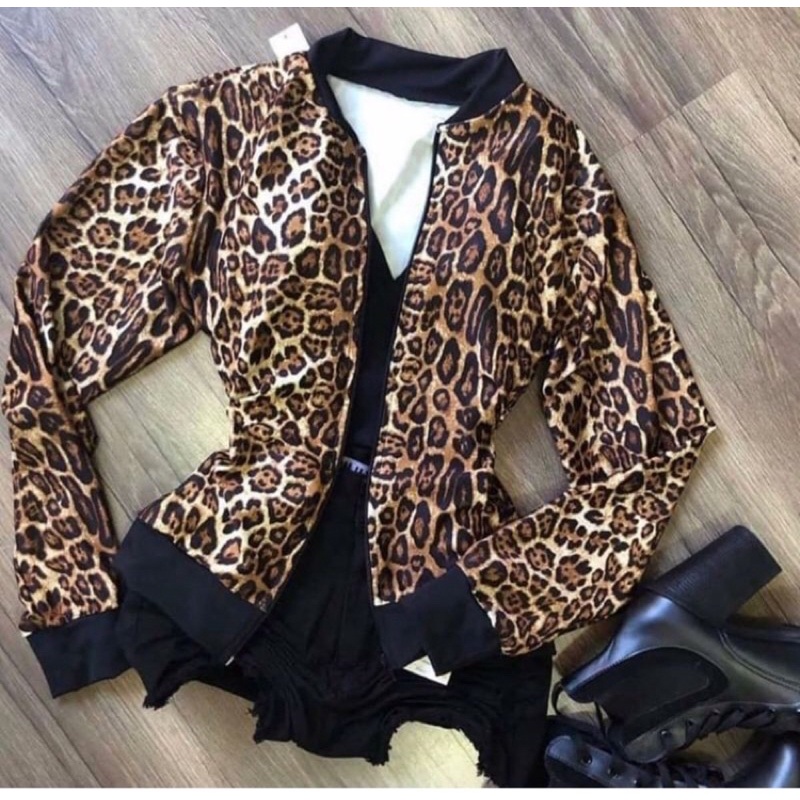 Jaqueta Bomber Estampada Oncinha Animal Print Feminina Manga Longa Moda