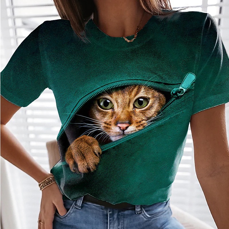 Camiseta Feminina Blusas Gato Das Mulheres 3D Casual Fim De Semana 3D  Pintura T Camisa De Manga Curta Tee Impressão Em Torno Do Pescoço Básico  Essencial Tops Verde Azul Roxo S/3D