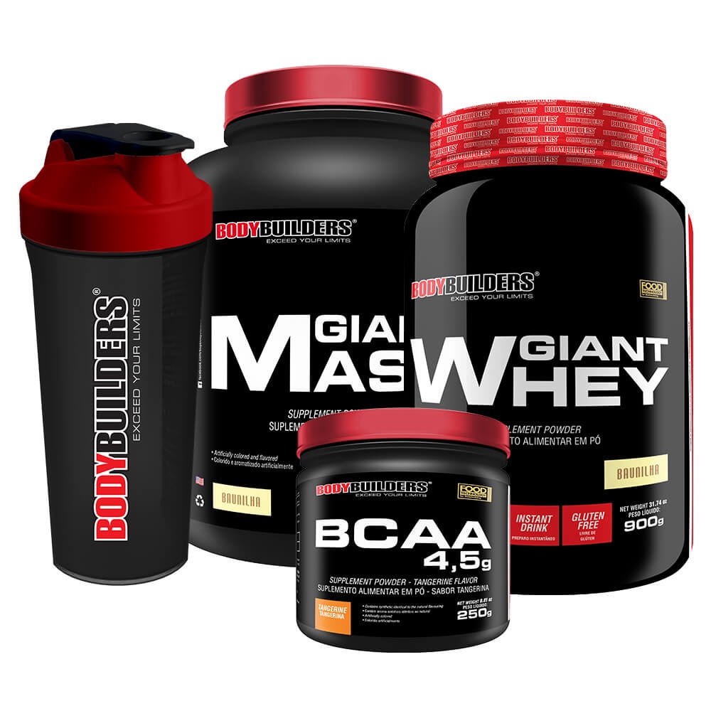 Kit Suplemento em Pó Hipercalórico Giant Mass 3kg + Whey Protein Giant Whey 900g + Bcaa 4.5 Powder em Pó 250g + Coqueteleira – Aumento de Massa Muscular, Peso Corporal e Resistência no Treino de Musculação na Academia – Bodybuilders