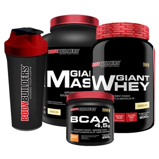 Kit Suplemento em Pó Hipercalórico Giant Mass 3kg + Whey Protein Giant Whey 900g + Bcaa 4.5 Powder em Pó 250g + Coqueteleira – Aumento de Massa Muscular, Peso Corporal e Resistência no Treino de Musculação na Academia - Bodybuilders