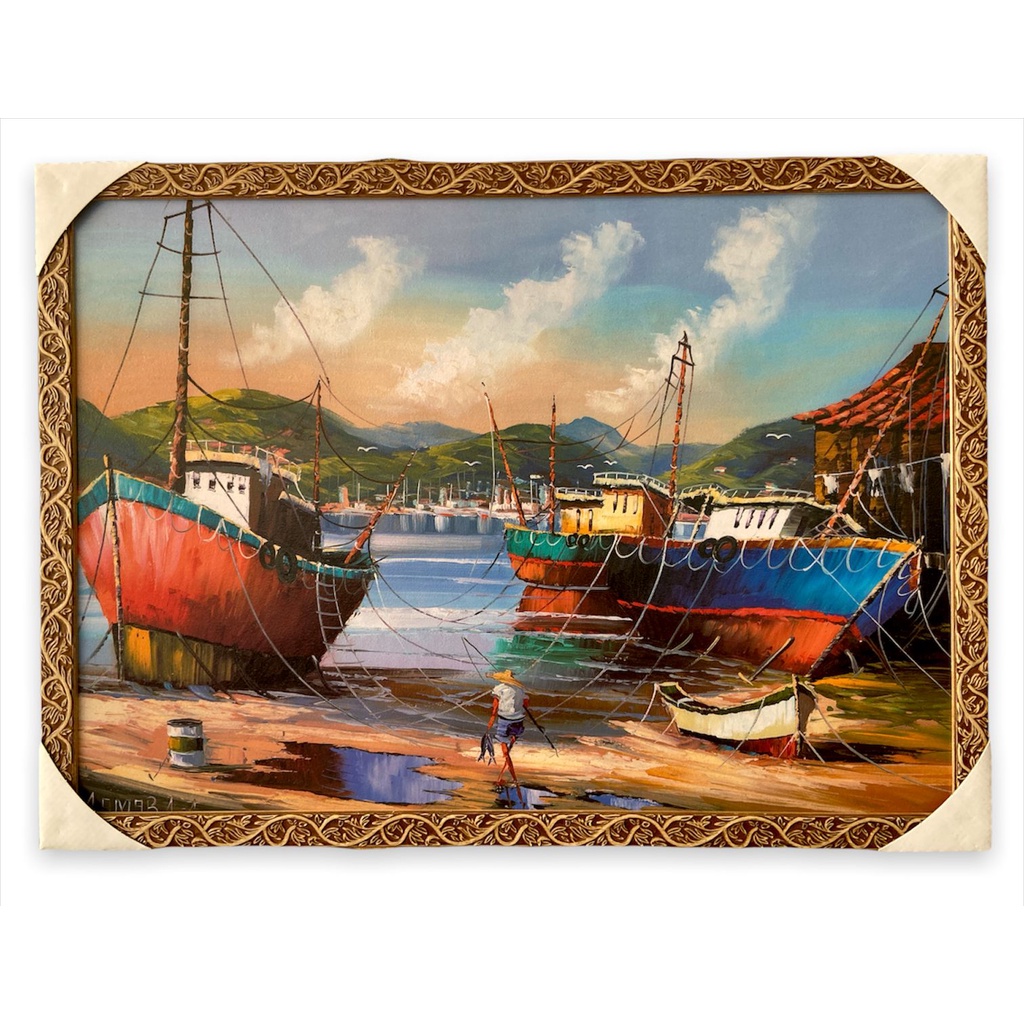 Quadro Decorativo Barcos de Pesca Praia Mar Pescador 50x70cm