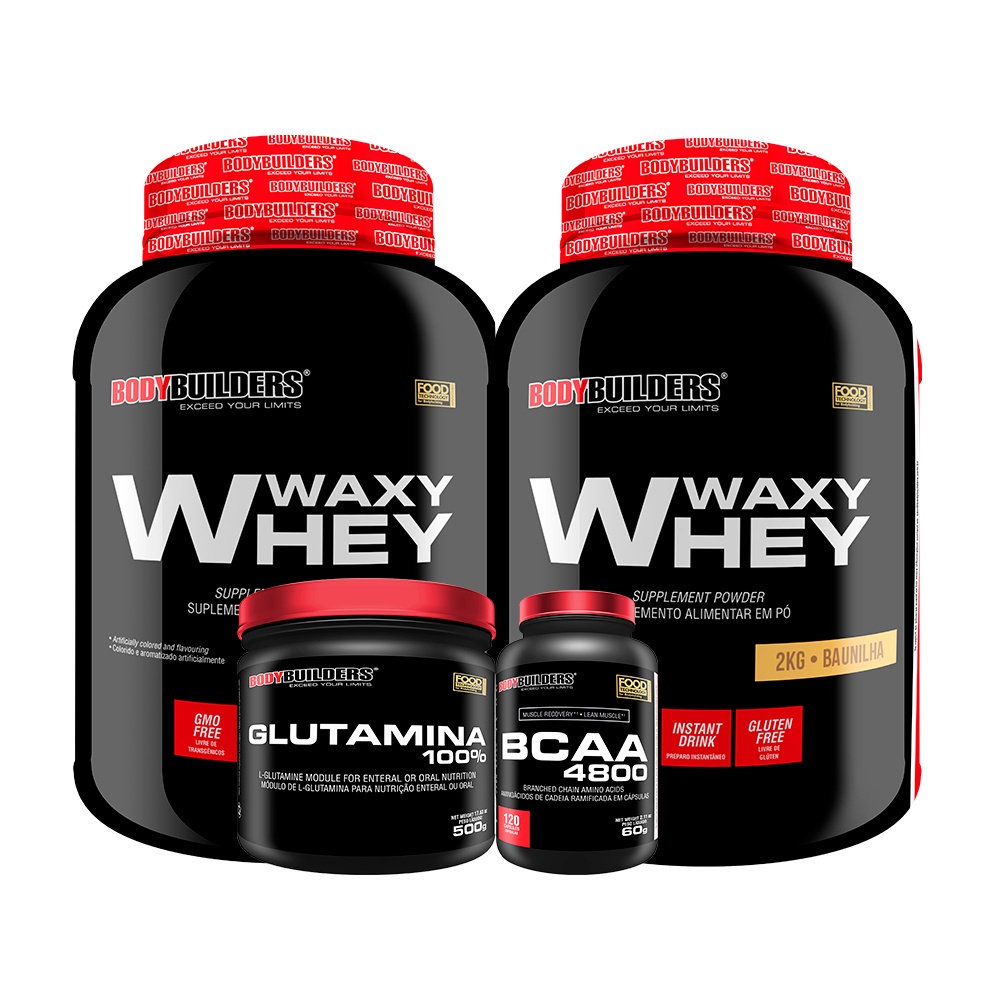 Kit 2x Whey Protein Waxy Whey Pote 2kg + Glutamina 100% 500g + BCAA 4800 120 Cáps – Suplementos Para Ganho de Massa Muscular e Desempenho do Exercício – Bodybuilders