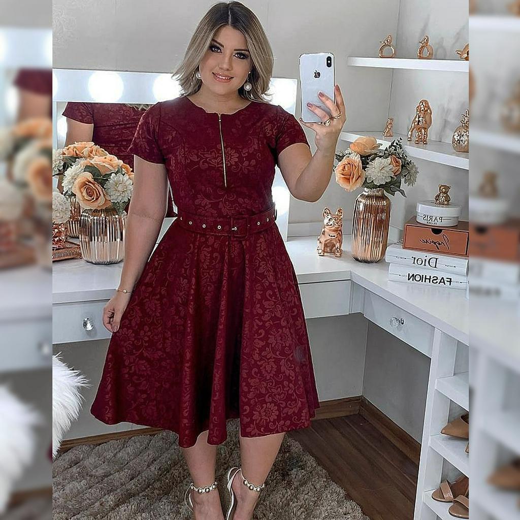 Vestidos Femininos Godê Midi Jacquard 3D Com Zíper Plus Size