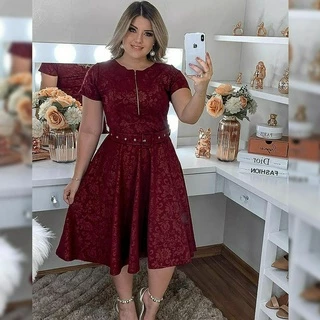 Vestidos Femininos Godê Midi Jacquard 3D Com Zíper Plus Size