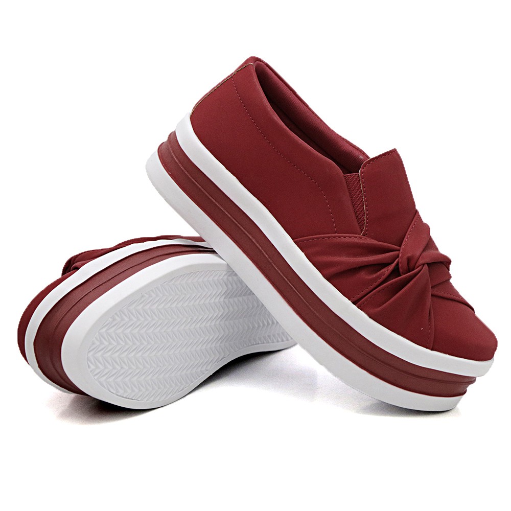 Slip On Tenis Casual Iate Feminino Dkshoes Modelo Nó De Lado Vermelho Sola Plataforma