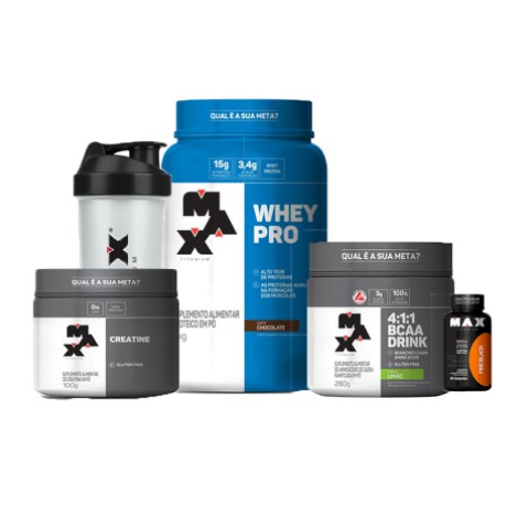 Kit Whey Pro 1kg + Bcaa Drink 4:1:1 + Cafeína Fire Black + Creatina 100g + Coqueteleira – Max Titanium Promoção