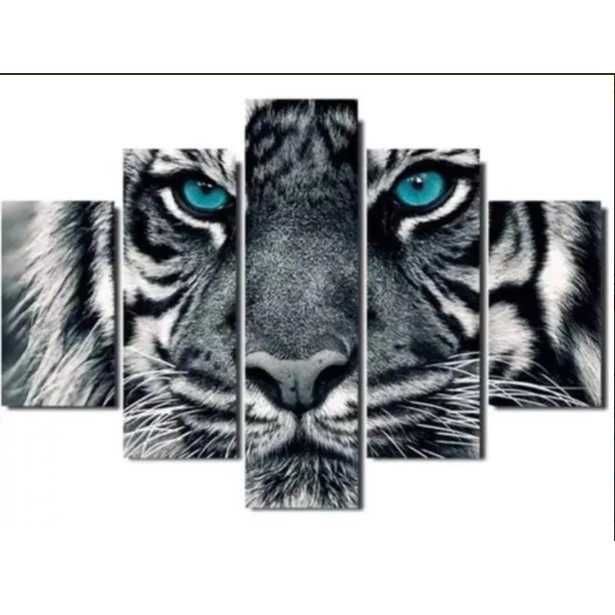 Quadro Decorativo Tigre Preto e Branco Olhos Azuis