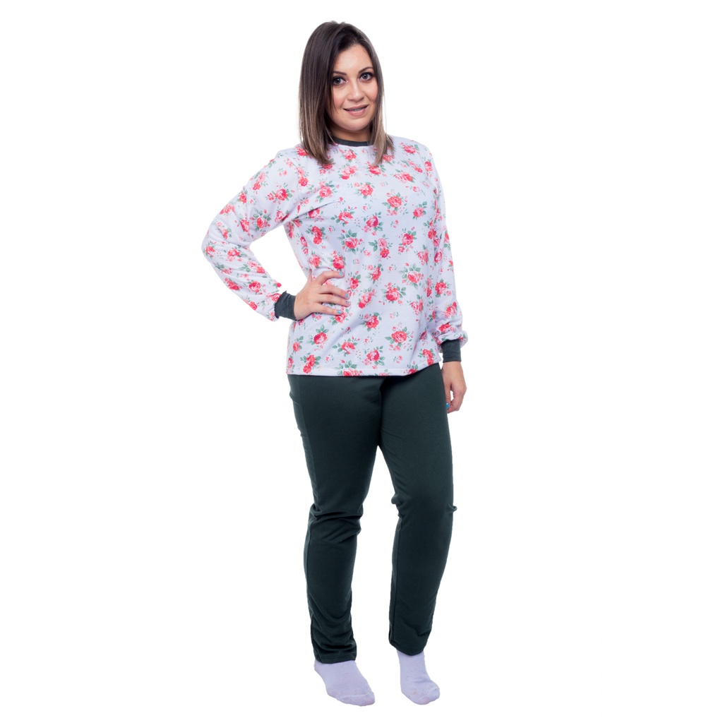 Pijama Adulto De Malha Com Cal A E Manga Comprida De Inverno Feminino