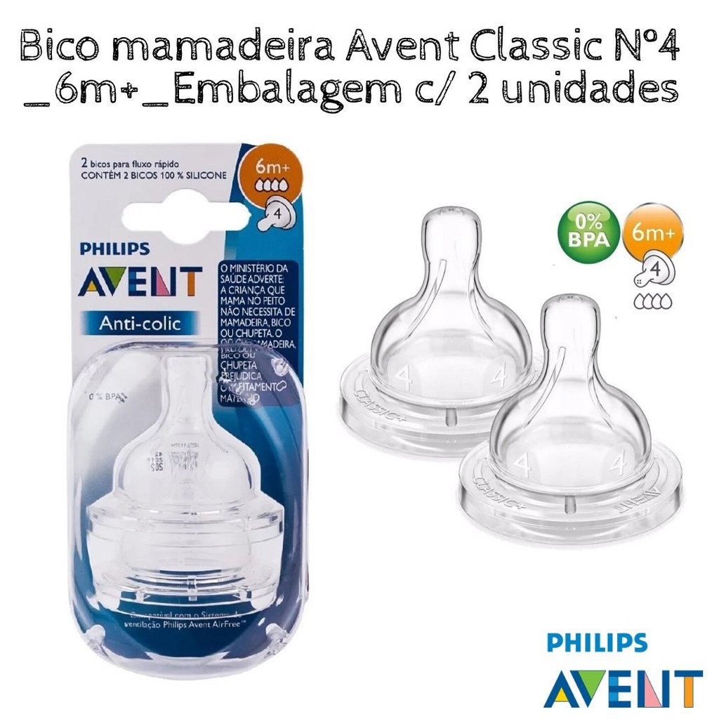 Bico Mamadeira Avent Classic Nº4 _ 6m+ _ Emb. C/ 2 Unidades_Original ...