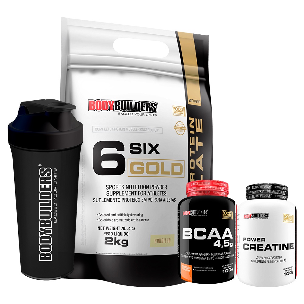 Kit Whey Protein 6 Six Gold 2kg + Power Creatina 100g + BCAA 100g Sabor Tangerina + Coqueteleira – Bodybuilders