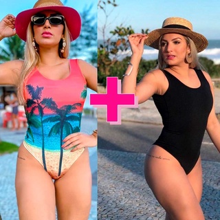 Kit 2 Maiôs Body Cavado Regata Costa em Corte U Estampado Liso Moda Praia Feminino