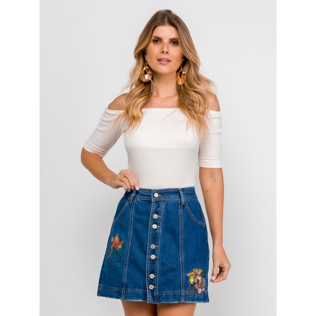 Saia jeans sale com flores