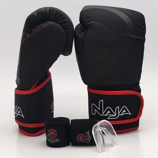 Kit Boxe Muay Thai Luva Naja Black + Bandagem + Protetor Bucal + Bolsa P/ Treinos e Lutas