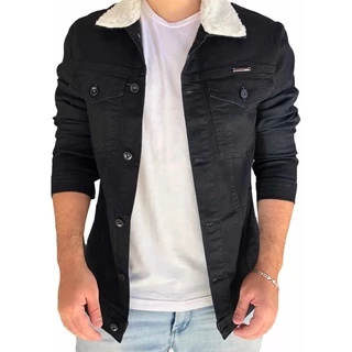 Jaqueta Preta Slim Detalhe Na Gola Com Pelo Branco Premium