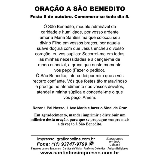 ST16023 - Mini Santinho São Benedito de Biscuit c/ Oração