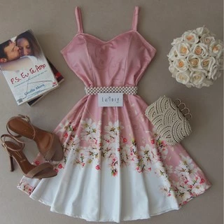 Vestido Curto de Alças Finas Rodado Rosa com Branco