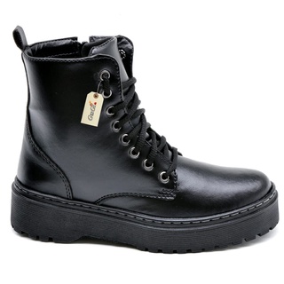 Coturno Militar Bota Feminina Blogueira Plataforma Cano Alto Com Ziper Lateral e Cadarco Preto 202-GG