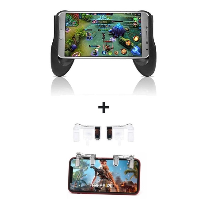 Kit 1 Gamepad Suporte Controle Joystick + 1 Par Gatilhos L1 R1 Celular Jogo de Tiro Pubg Mobile Call of Duty Free Fire