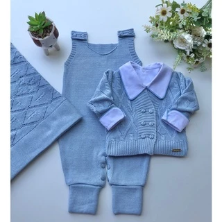 Saída de maternidade em tricot menino azul bebê 4 peças tricô