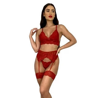 Conjunto Cinta liga sem Bojo Sexy em Renda com Perneira