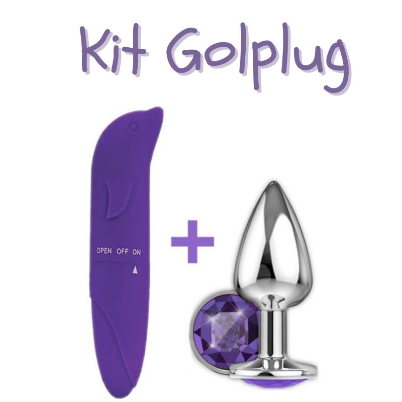 Kit Golplug Vibrador Golfinho Aveludado Plug Anal Aço Inox Com Pedra Lapidada Tamanho P 7x2 3784