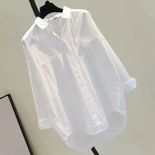 2021 Primavera Mulheres Verão Blusa Coreano De Manga Longa Tops E Blusas Das Do Vintage Camisas Brancas Curto Na Frente Em Volta