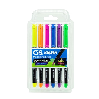 Caneta CIS Brush Pen Aquarelável Estojo c/ 6 Cores Neon