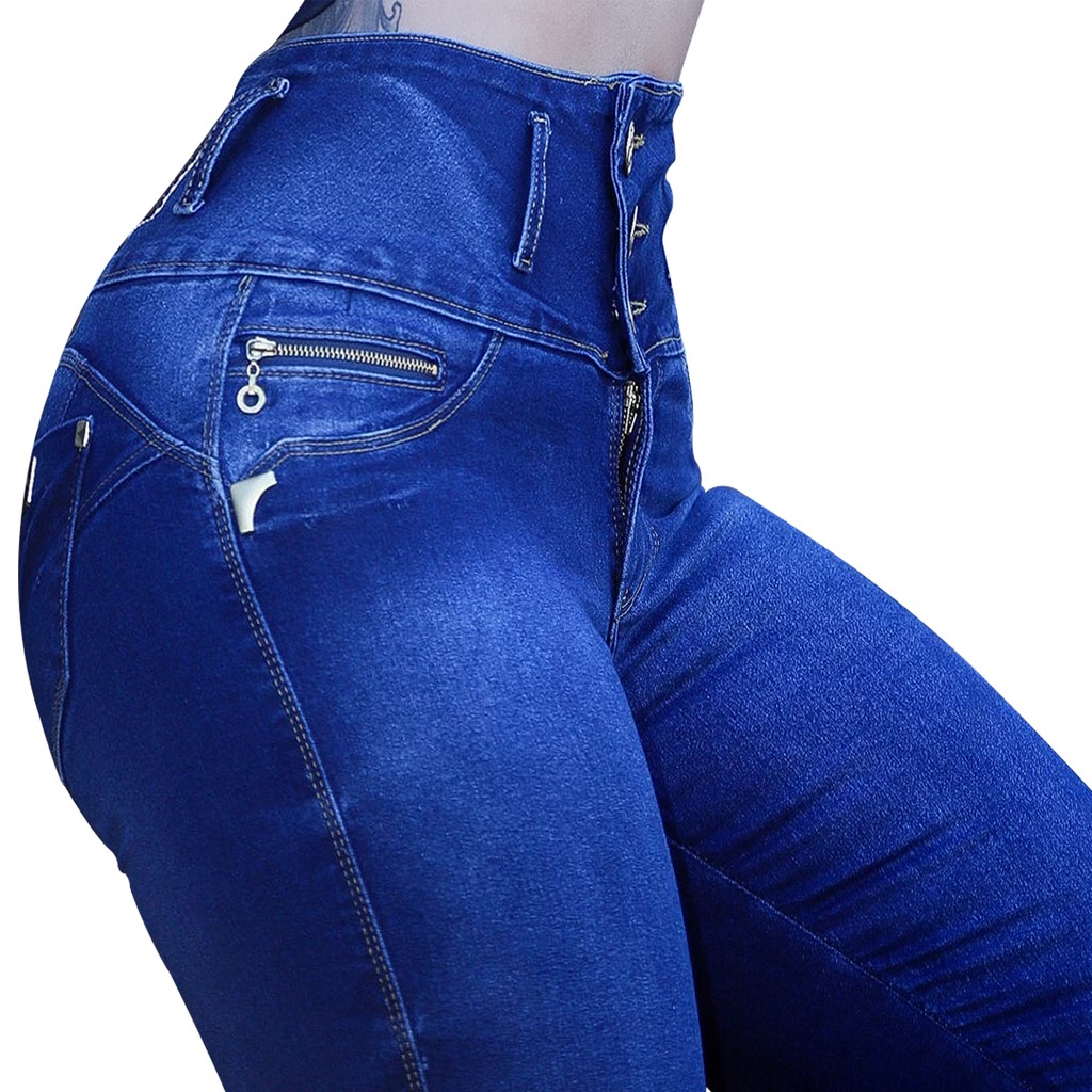 Calca jeans cintura alta cos alto cordinhas estilo pit lycra
