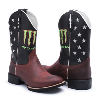Texana Masculina Monster Bota Country em Couro Legitimo Bico Redondo Cavalgada Montaria