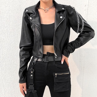 Faux Leather Women Cropped Jacket Long Sleeve Chain Coat