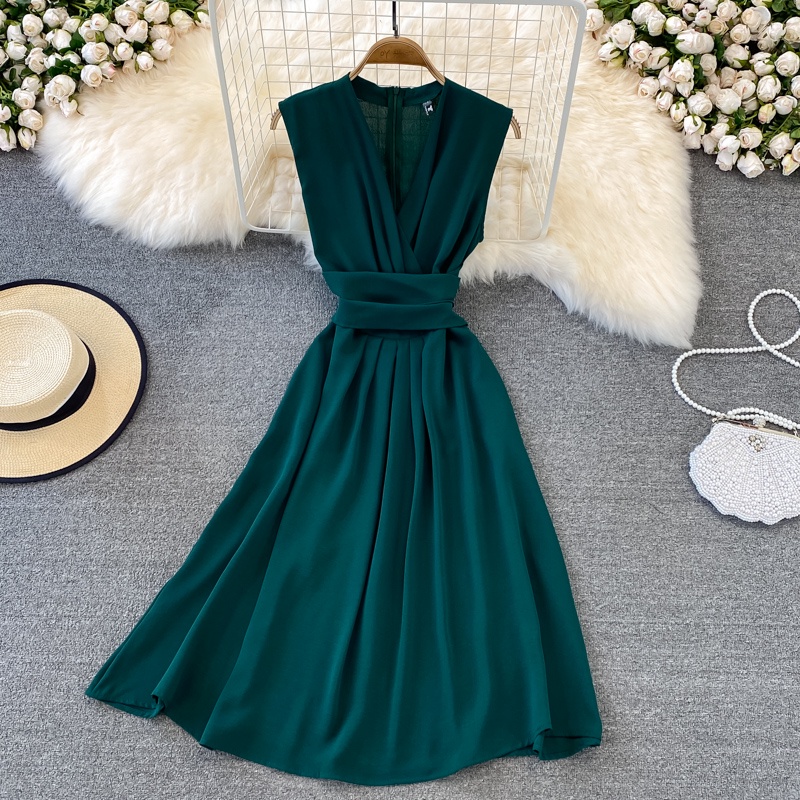 Vestido Midi Sin Mangas Para Mujer Color Sólido Cuello Redondo