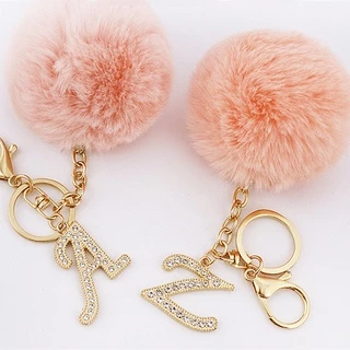 A-Z Iniciais Rhinestone Liga Chaveiro Charmosa Com Pompom Rosa Porta-Chaves Carro Mulher Bolsa Ornamentos Jóias Trinket Gift em Oferta na Shopee