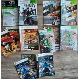 Encartes e manuais jogos Xbox 360 (TDU2, Sleeping Dogs, Tomb Raider, Just Cause 2, Kung Fu Panda, King of Fighters XIII , Avatar)