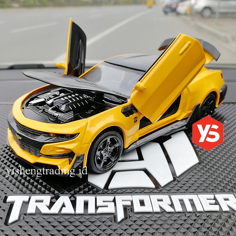 1:32 Escala Chevrolet Camaro Bumblebee Miniatura Carrinho de colecao ferro Diecast Carro de ferro❤ Som do Motor, Acende ❤ Puxa para Trás, Portas do carro que podem ser abertas